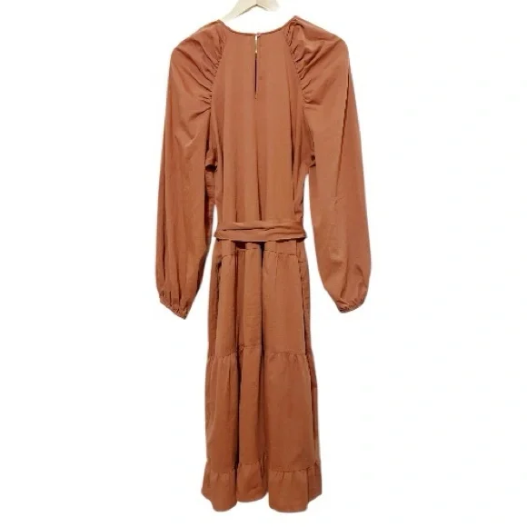 The Get Rust Tiered Midi Dress Long Puff Sleeve Belted Cotton Blend - Size Large - Picture 4 of 5